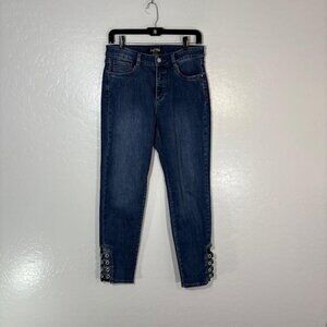 Joseph Ribkoff Jeans Womens 10 Blue High Rise Skinny Grommet Hem Stretch Denim